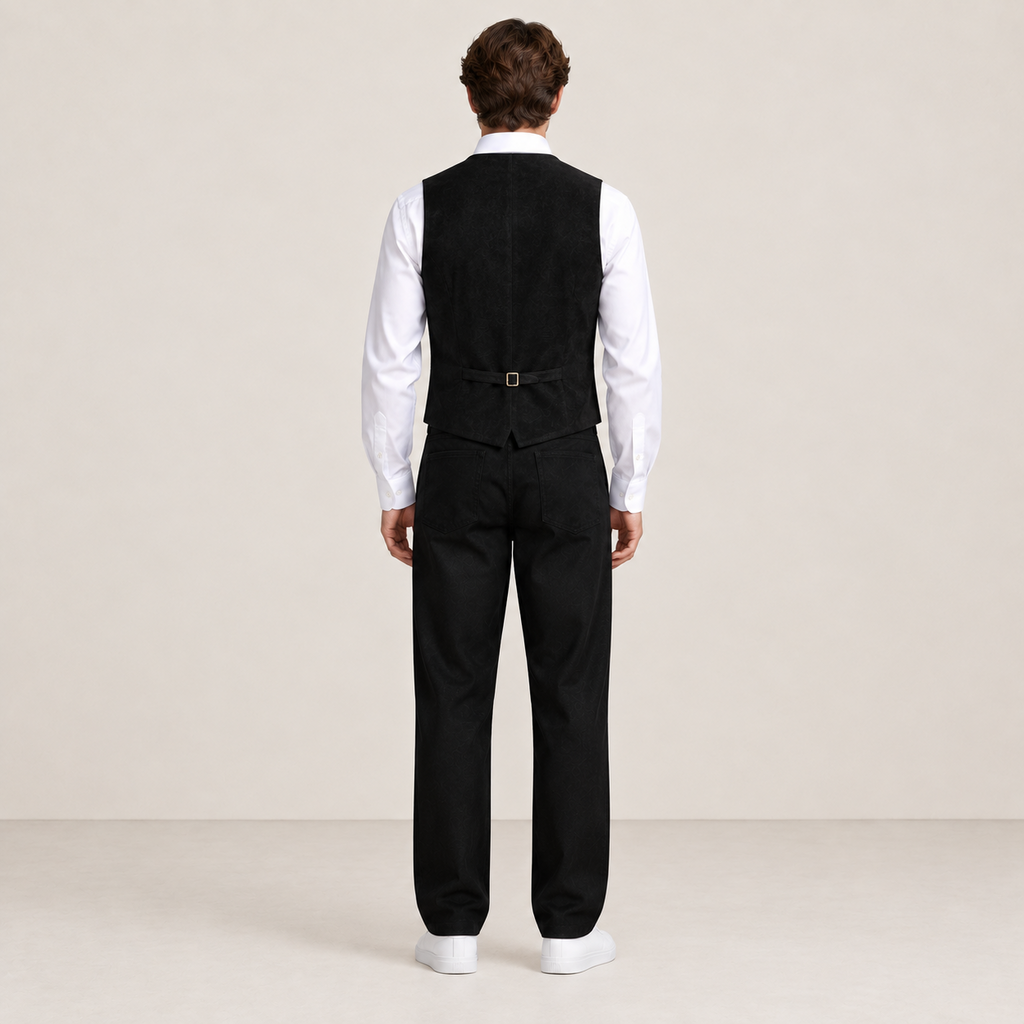Vue de dos du gilet de costume noir IVAREE