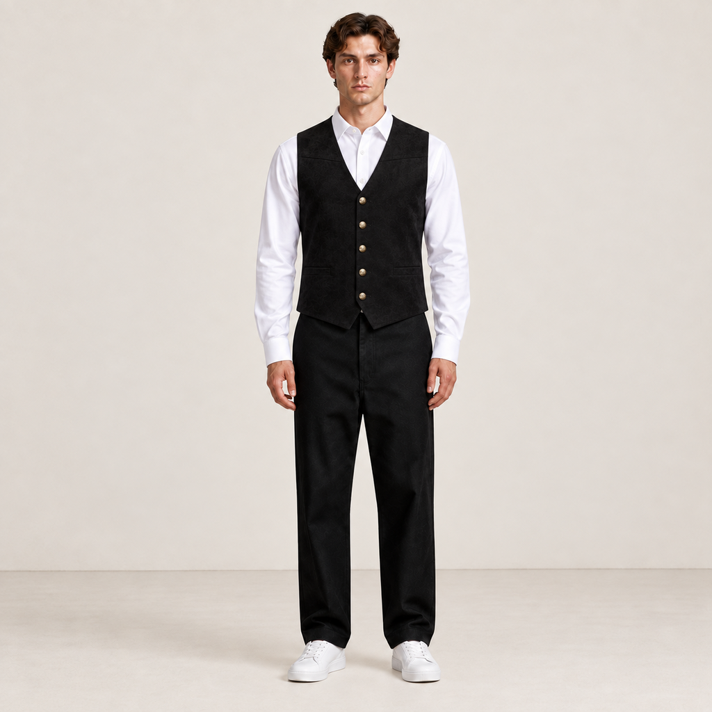 Vue de face du gilet de costume noir IVAREE