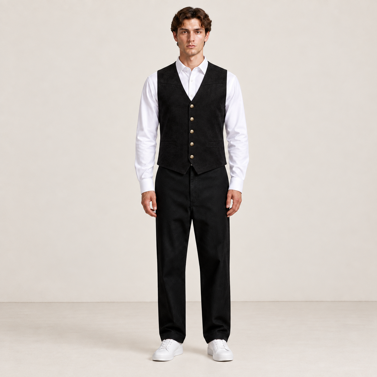 Vue de face du gilet de costume noir IVAREE