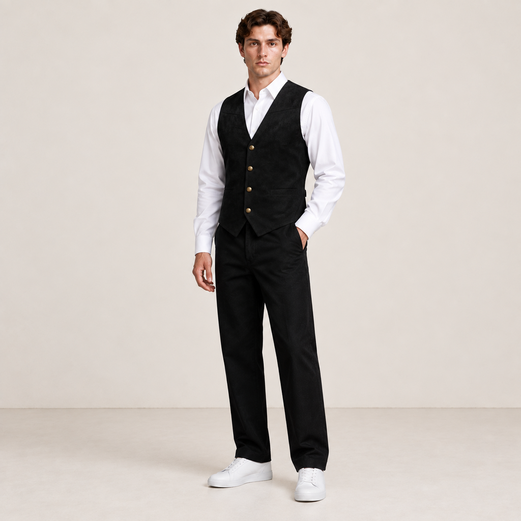 Vue trois-quarts du gilet de costume noir IVAREE