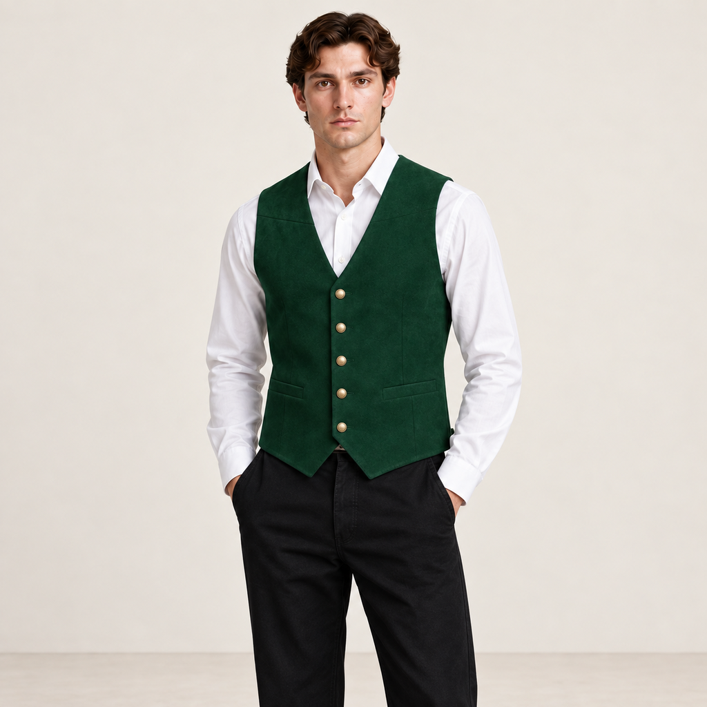 Détail du gilet de costume vert foncé IVAREE