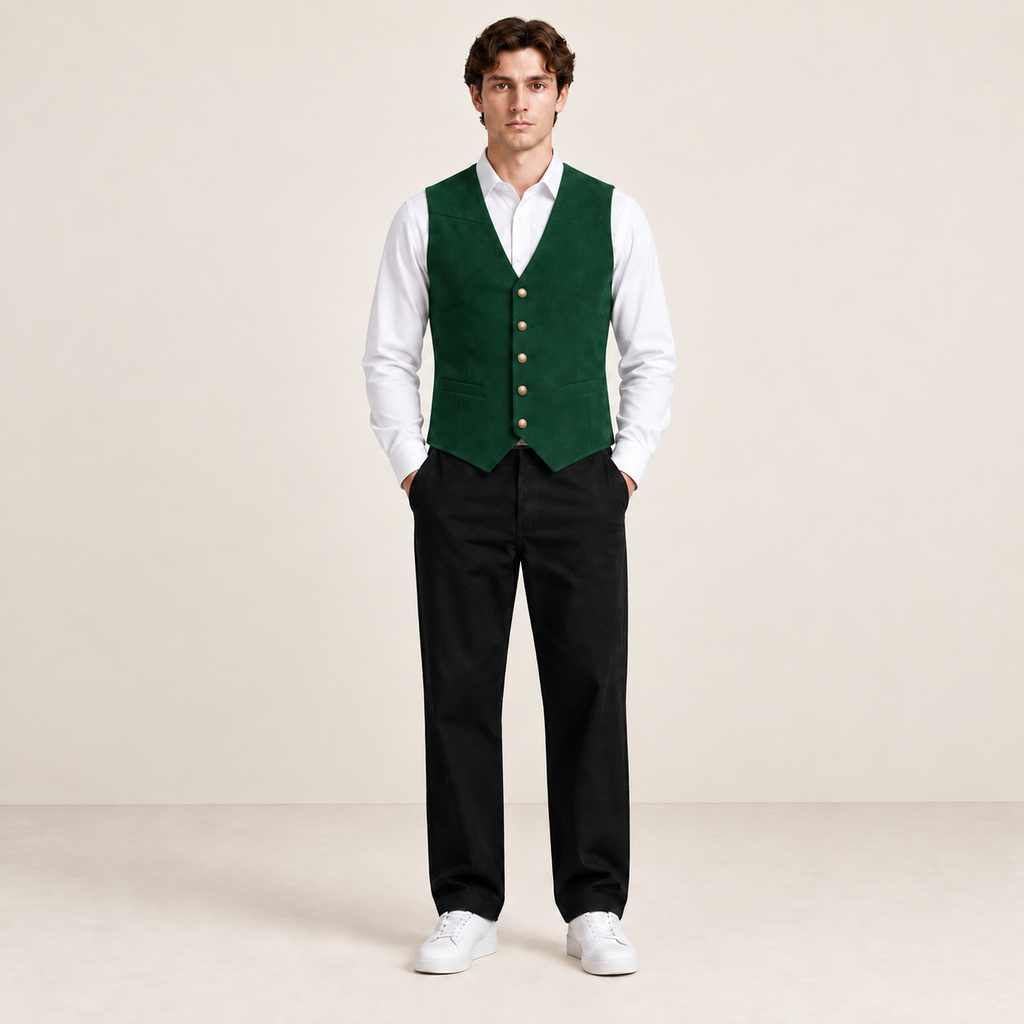 Vue de face du gilet de costume vert foncé IVAREE