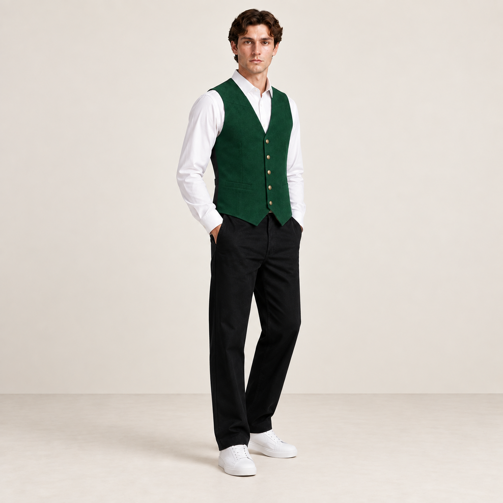 Vue trois-quarts du gilet de costume vert foncé IVAREE