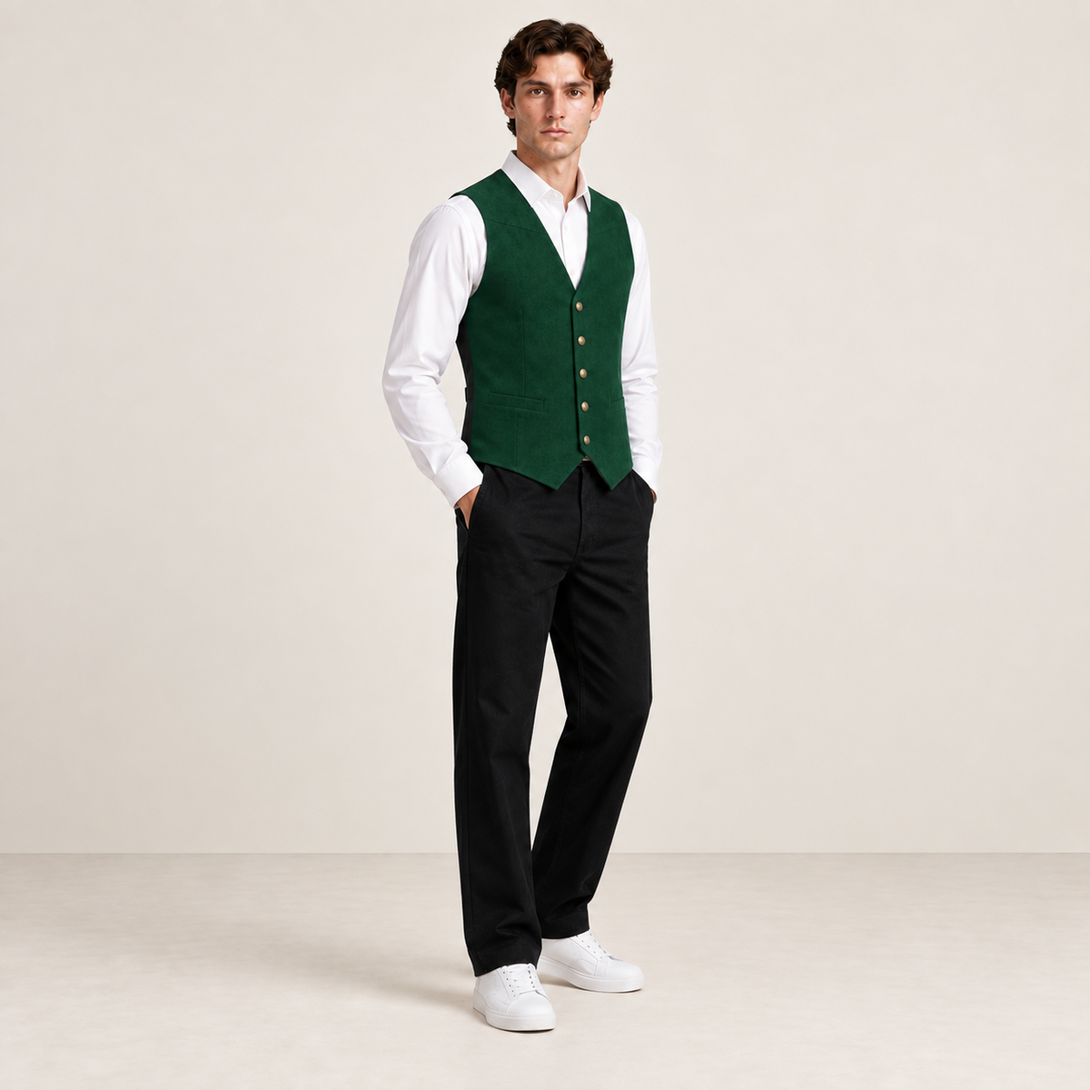 Vue trois-quarts du gilet de costume vert foncé IVAREE
