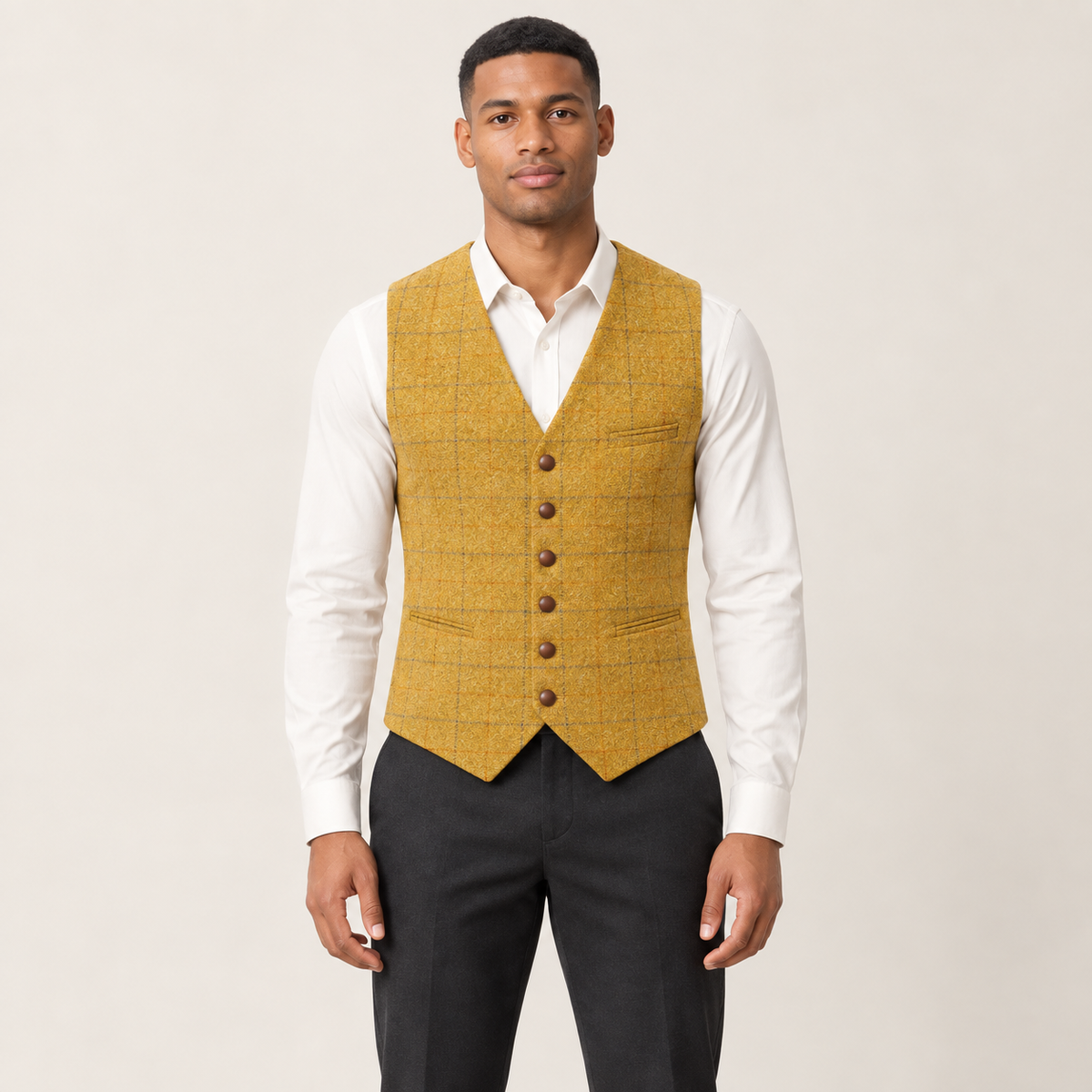 Gilet à fins carreaux jaune porté par un mannequin IVAREE, vue de face