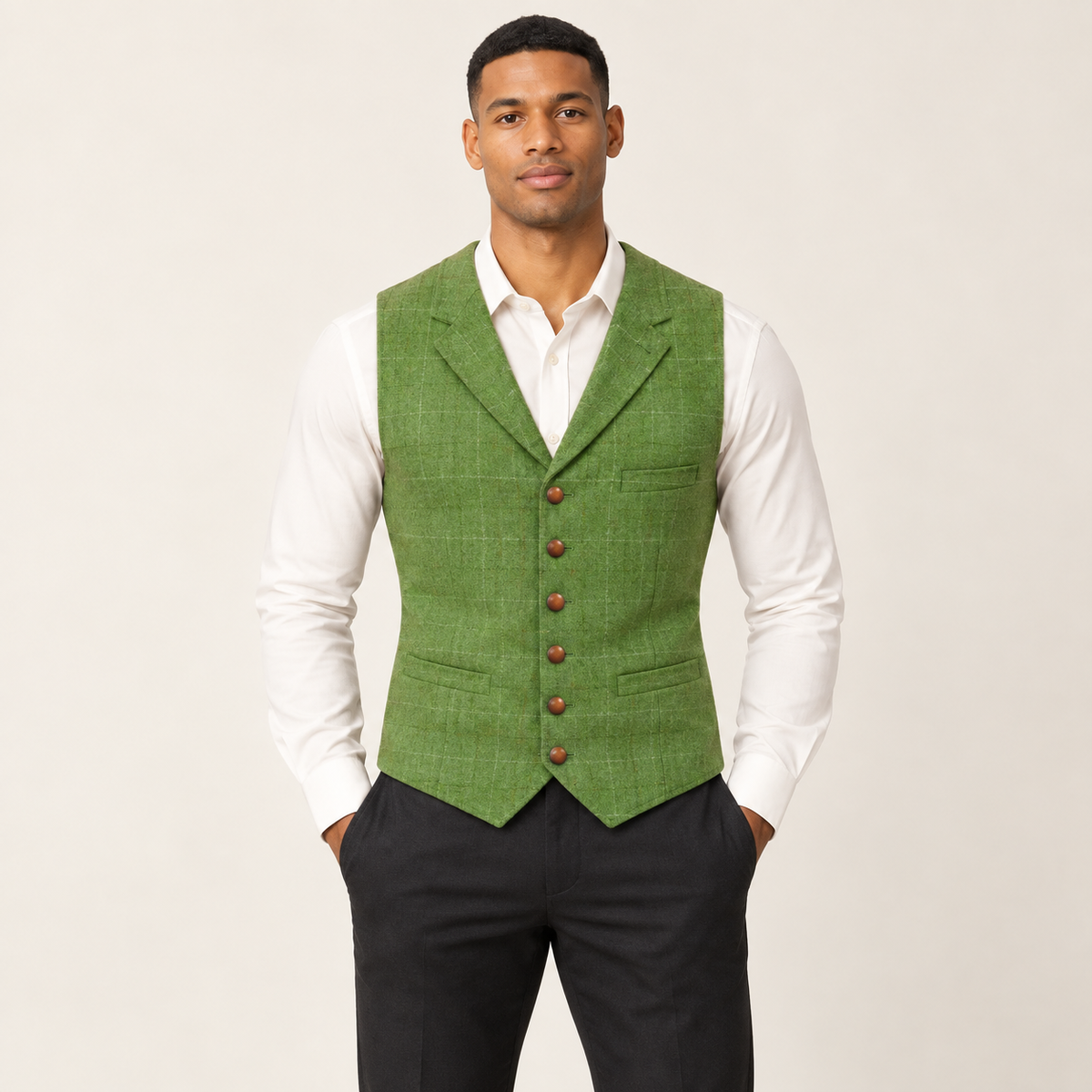 Gilet à fins carreaux vert clair porté par un mannequin IVAREE, vue de face