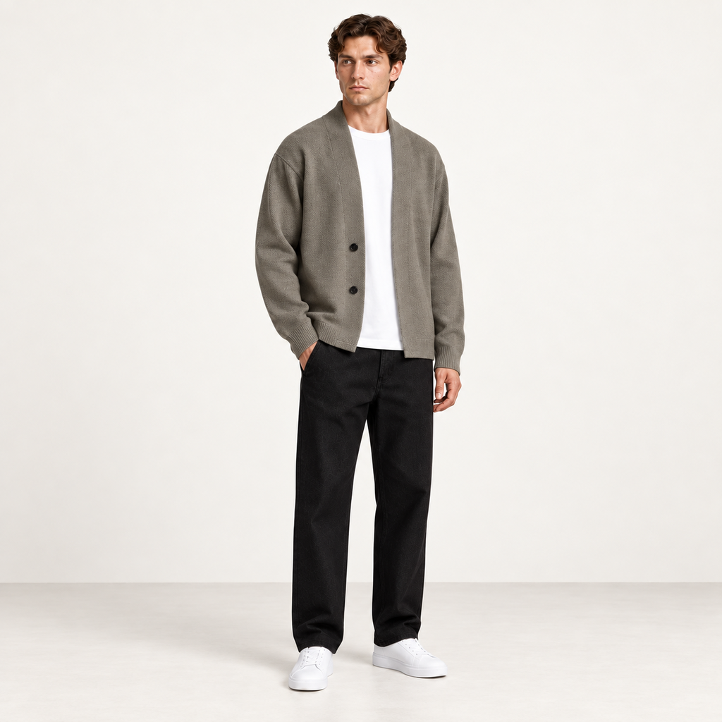 Gilet kaki en maille à col montant ouvert, porté de trois-quarts dans le studio IVAREE.