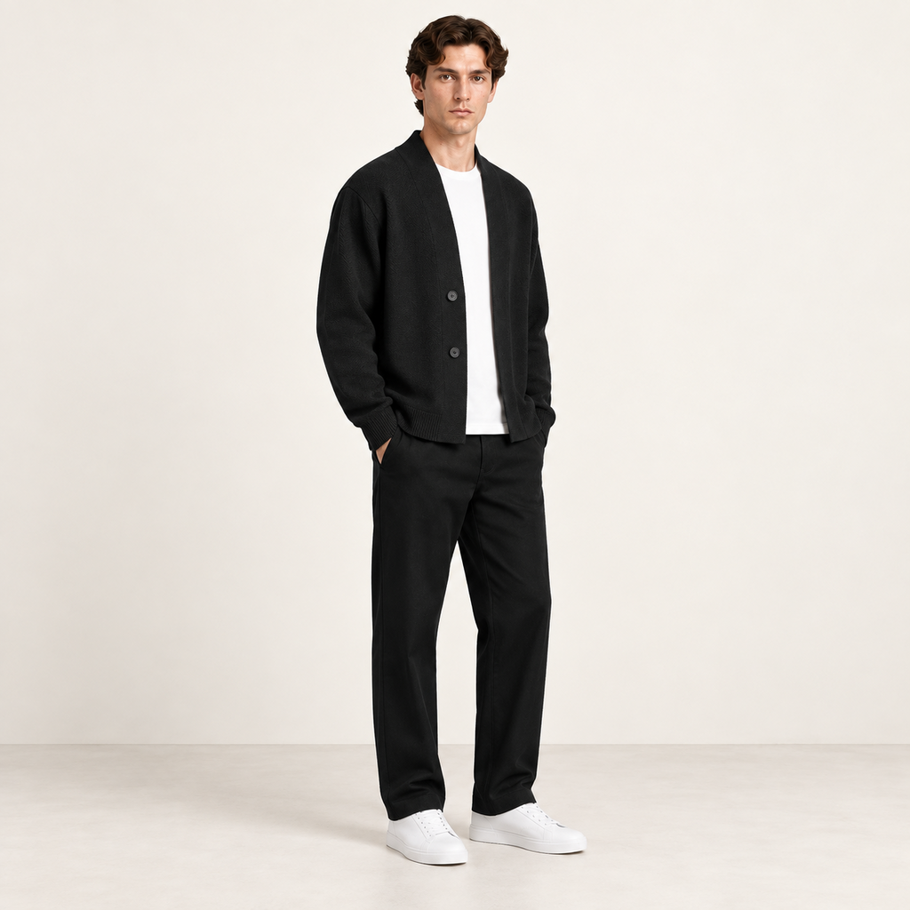 Gilet noir en maille à col montant ouvert, porté de trois-quarts dans le studio IVAREE.