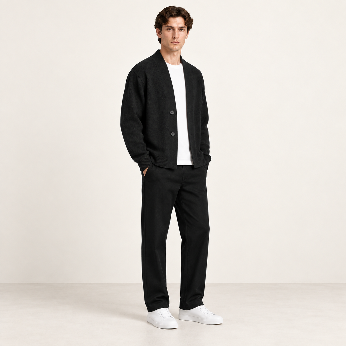 Gilet noir en maille à col montant ouvert, porté de trois-quarts dans le studio IVAREE.