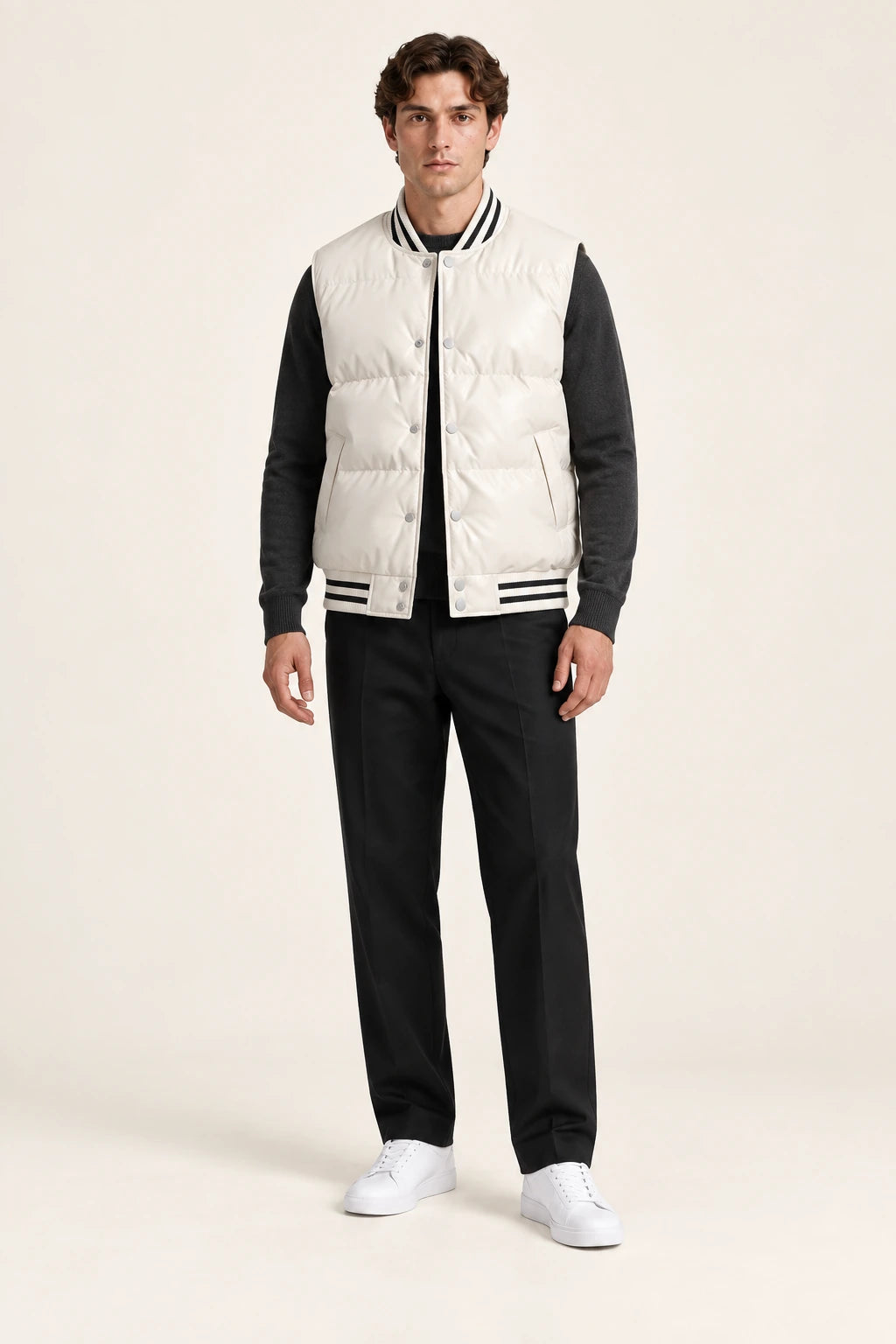 Gilet sans manches beige matelassé à col et base côtelés rayés, porté de face dans le studio IVAREE.