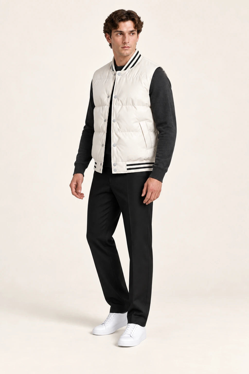 Gilet sans manches beige matelassé à boutons-pression et poches inclinées, porté de trois-quarts dans le studio IVAREE.