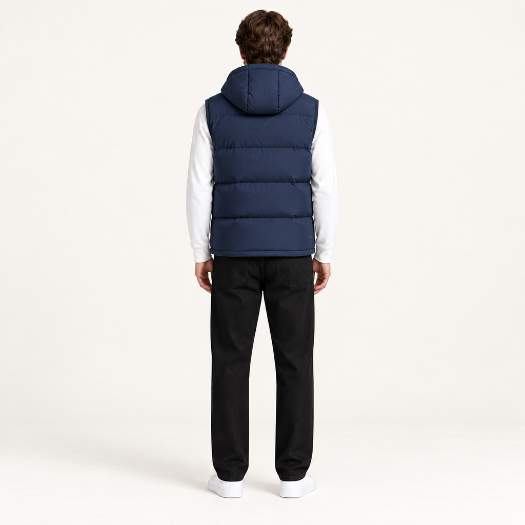 Gilet matelassé à capuche bleu roi dos, dans le studio IVAREE.