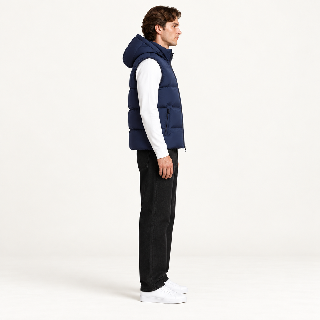 Gilet matelassé à capuche bleu roi profil, dans le studio IVAREE.