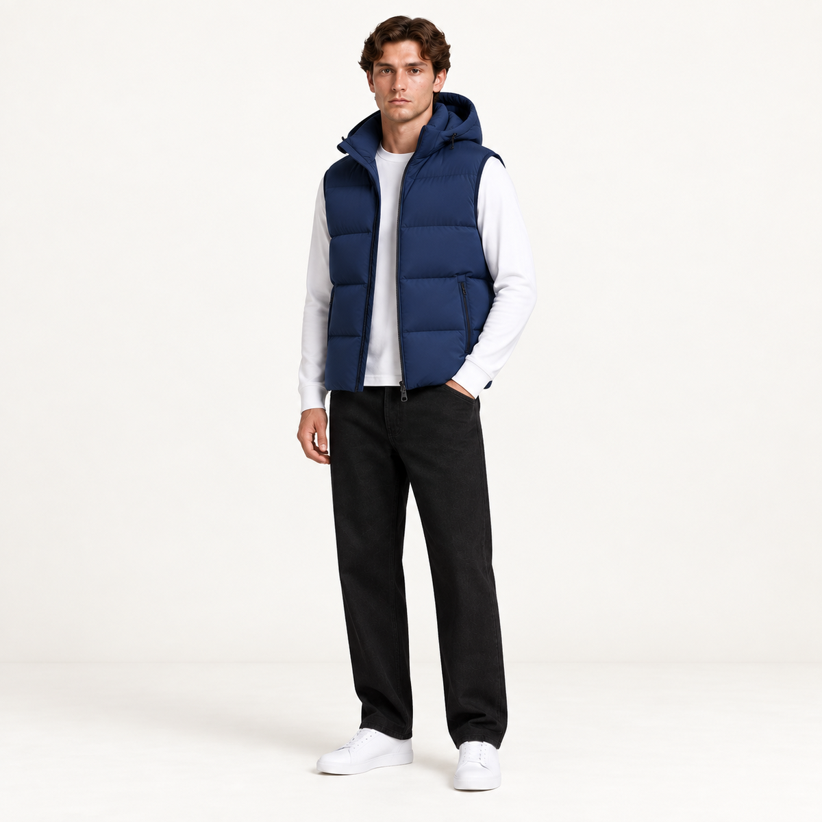 Gilet matelassé à capuche bleu roi trois quarts, dans le studio IVAREE.