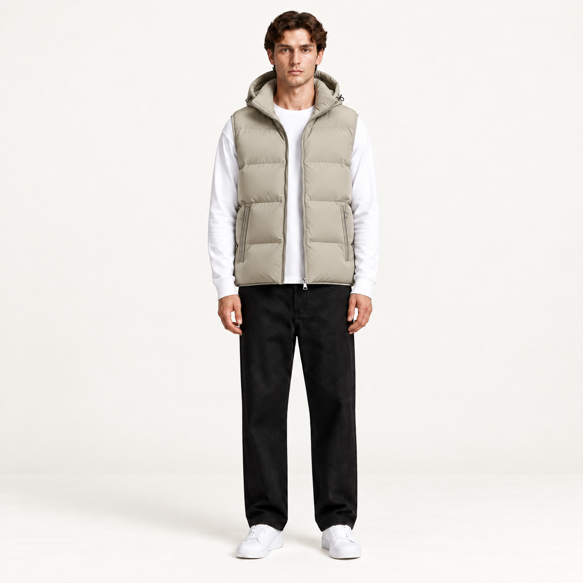 Gilet matelassé à capuche kaki face, dans le studio IVAREE.