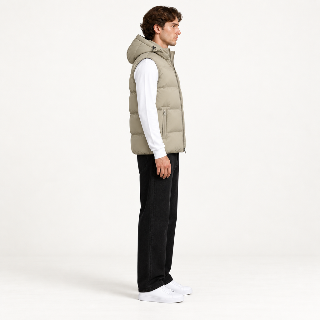 Gilet matelassé à capuche kaki profil, dans le studio IVAREE.