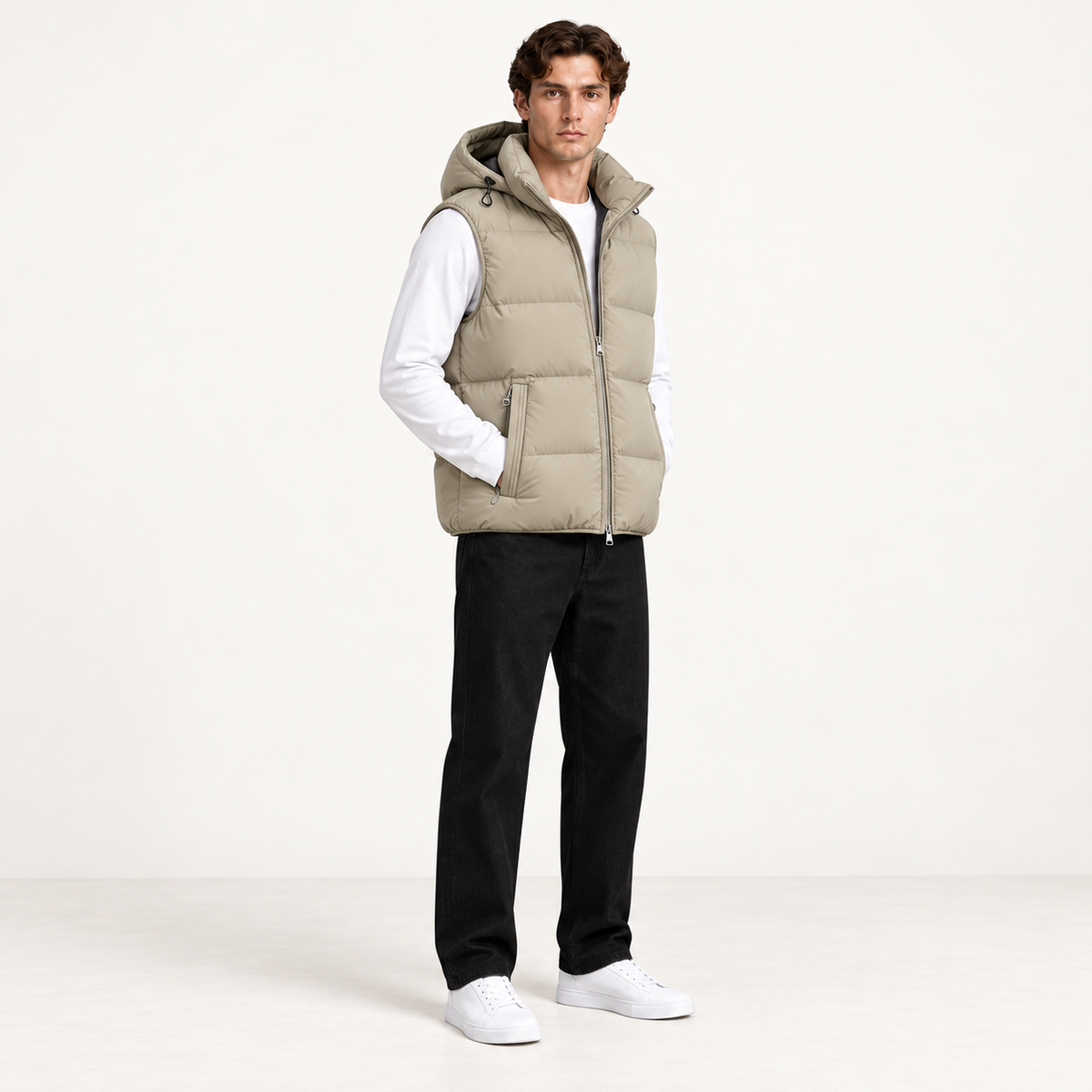 Gilet matelassé à capuche kaki trois quarts, dans le studio IVAREE.