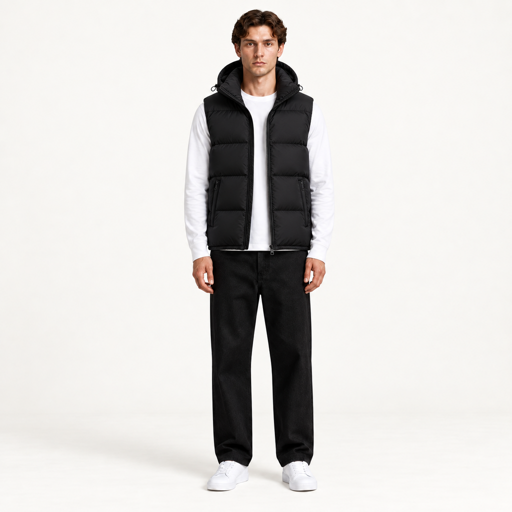Gilet matelassé à capuche noir face, dans le studio IVAREE.