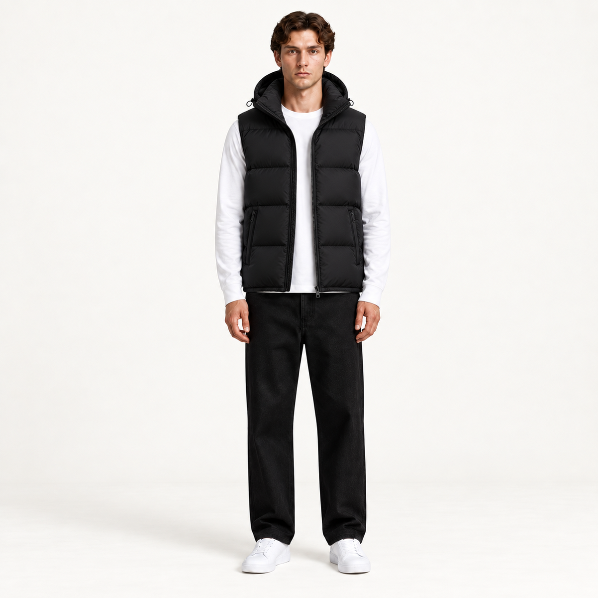 Gilet matelassé à capuche noir face, dans le studio IVAREE.