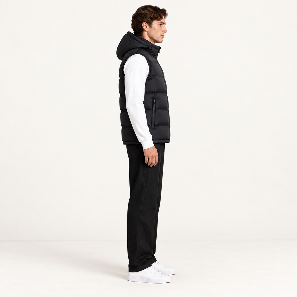 Gilet matelassé à capuche noir profil, dans le studio IVAREE.