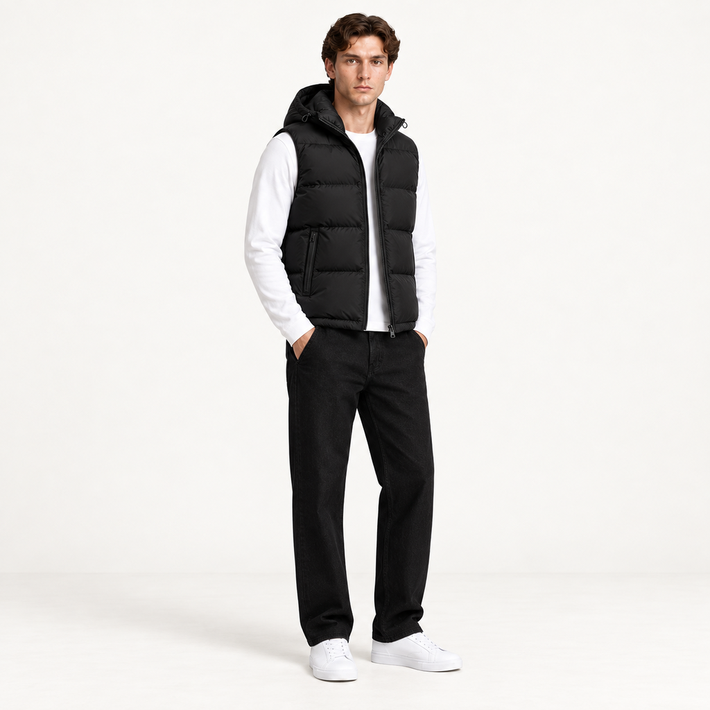 Gilet matelassé à capuche noir trois quarts, dans le studio IVAREE.
