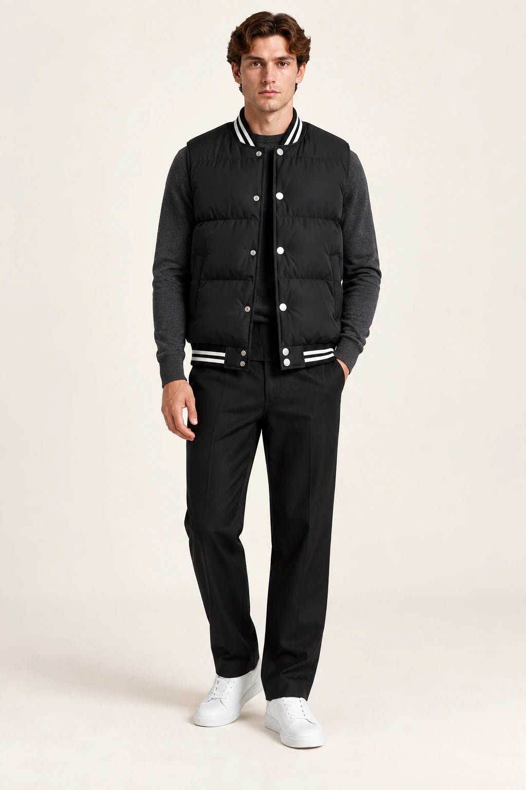 Gilet sans manches noir matelassé à col et base côtelés rayés, porté de face dans le studio IVAREE.