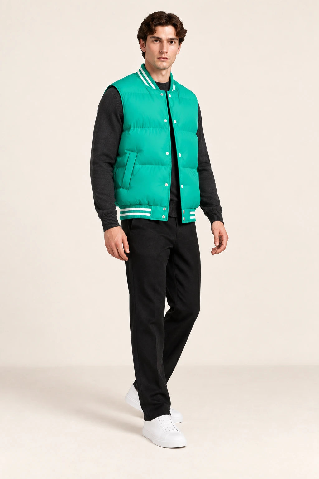Gilet sans manches vert émeraude matelassé à boutons-pression et poches inclinées, porté de trois-quarts dans le studio IVAREE.