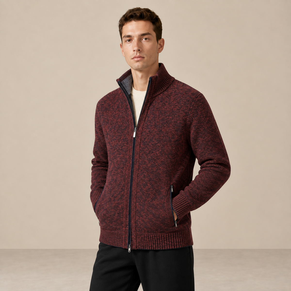 Détail du gilet à col montant bordeaux IVAREE
