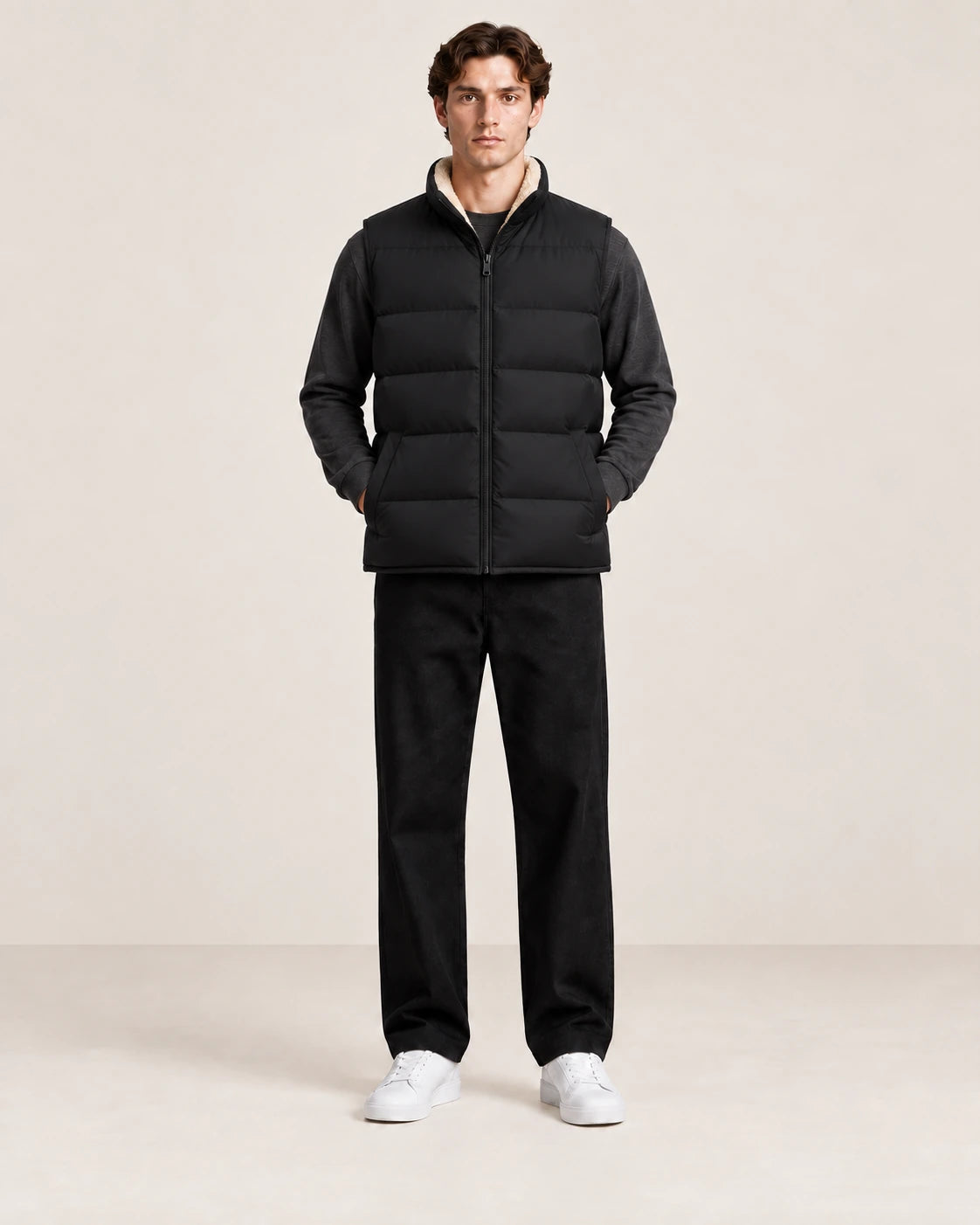Gilet matelassé noir sans manches et à col montant, porté fermé de face dans le studio IVAREE.