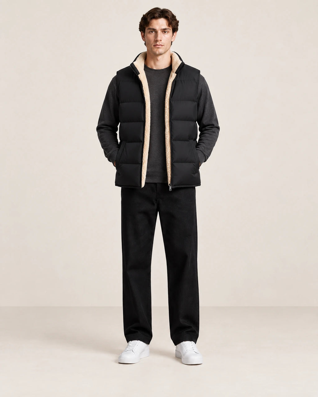 Gilet matelassé noir sans manches, ouvert de face pour montrer la doublure sherpa crème, dans le studio IVAREE.