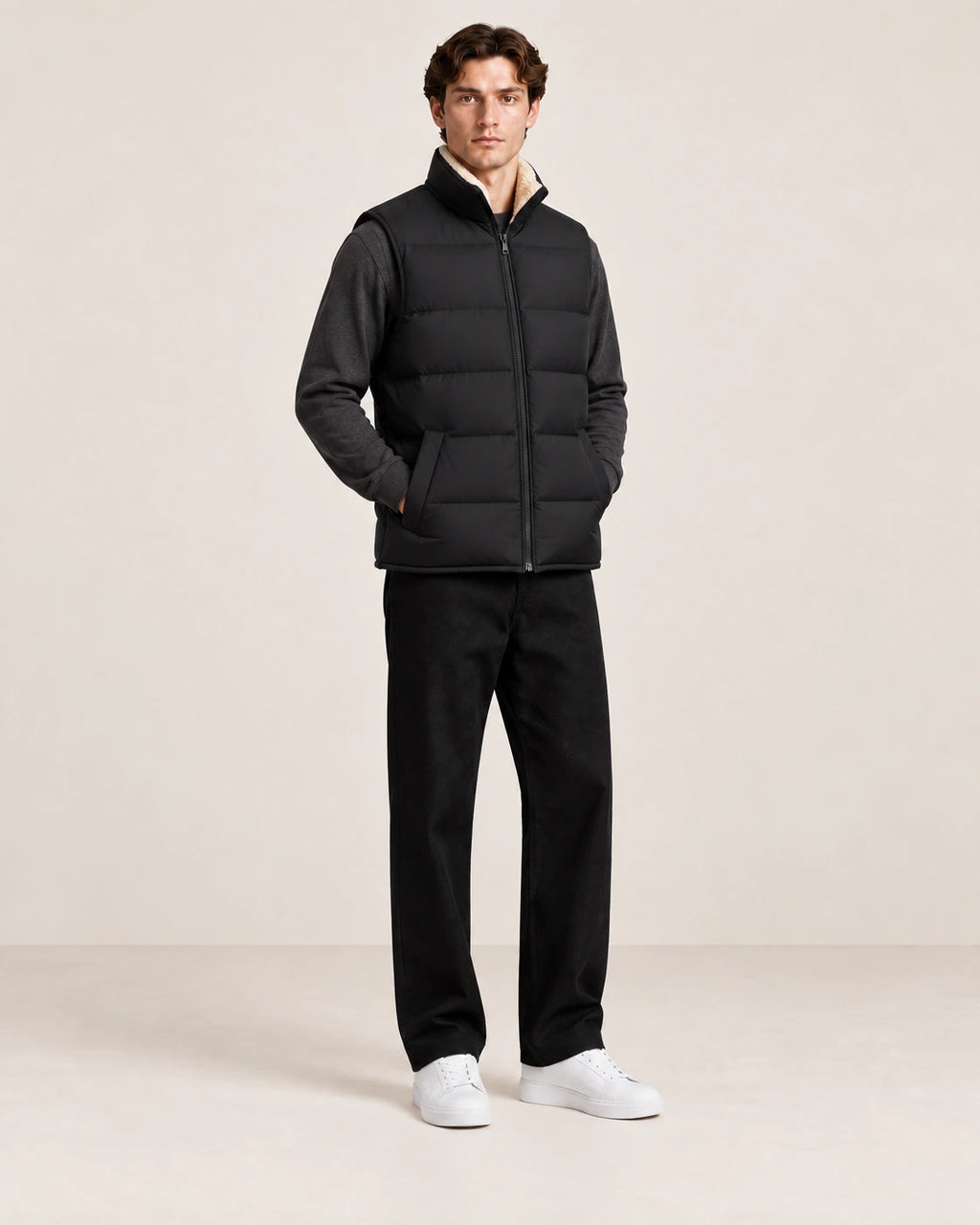 Gilet matelassé noir sans manches et à poches plaquées, vu de trois-quarts avant dans le studio IVAREE.