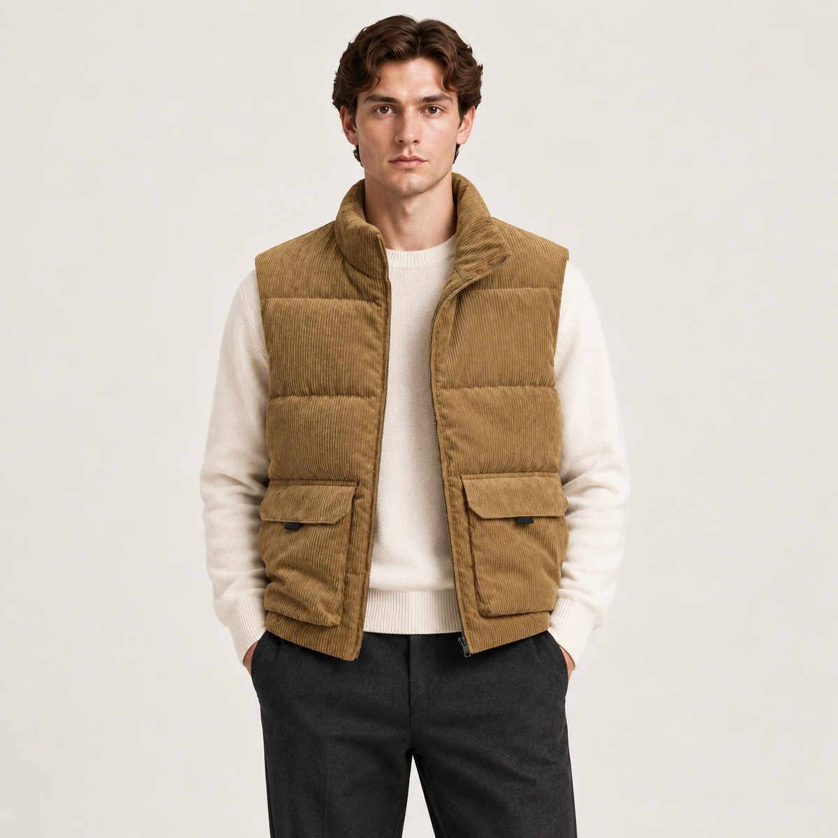 Gilet d'hiver en velours côtelé kaki porté par un mannequin IVAREE, vue de face