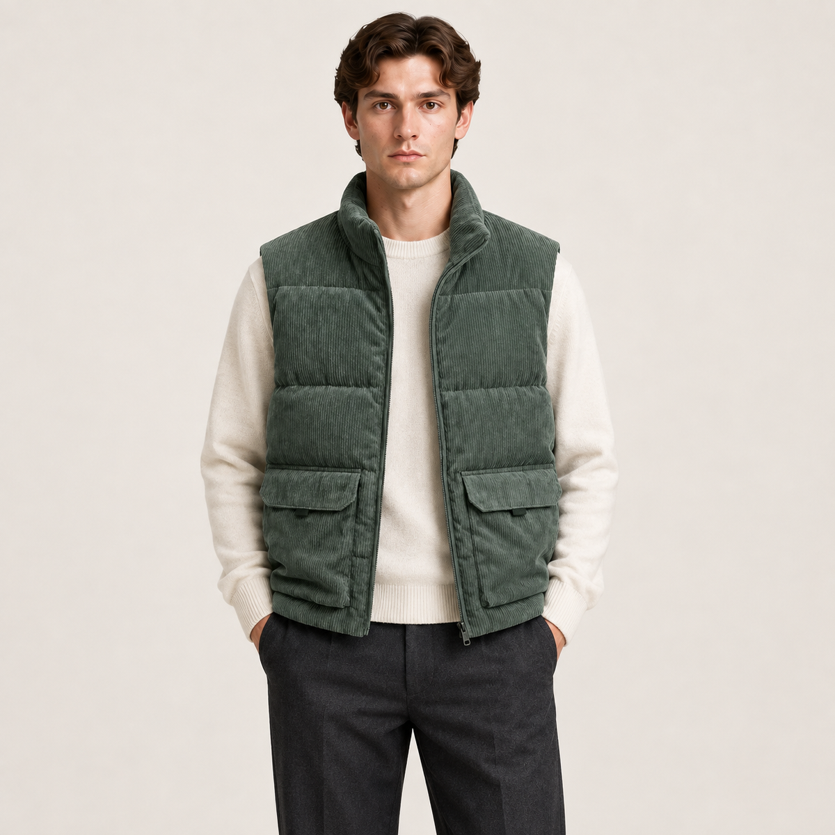 Gilet d'hiver en velours côtelé vert porté par un mannequin IVAREE, vue de face