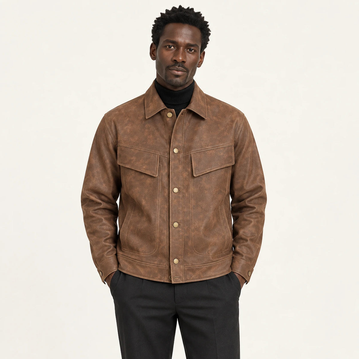 Veste en cuir Café, vue face dans le studio IVAREE
