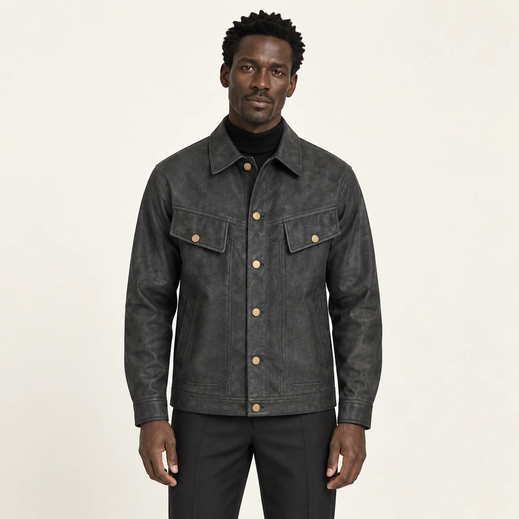Veste en cuir Noir, vue face dans le studio IVAREE