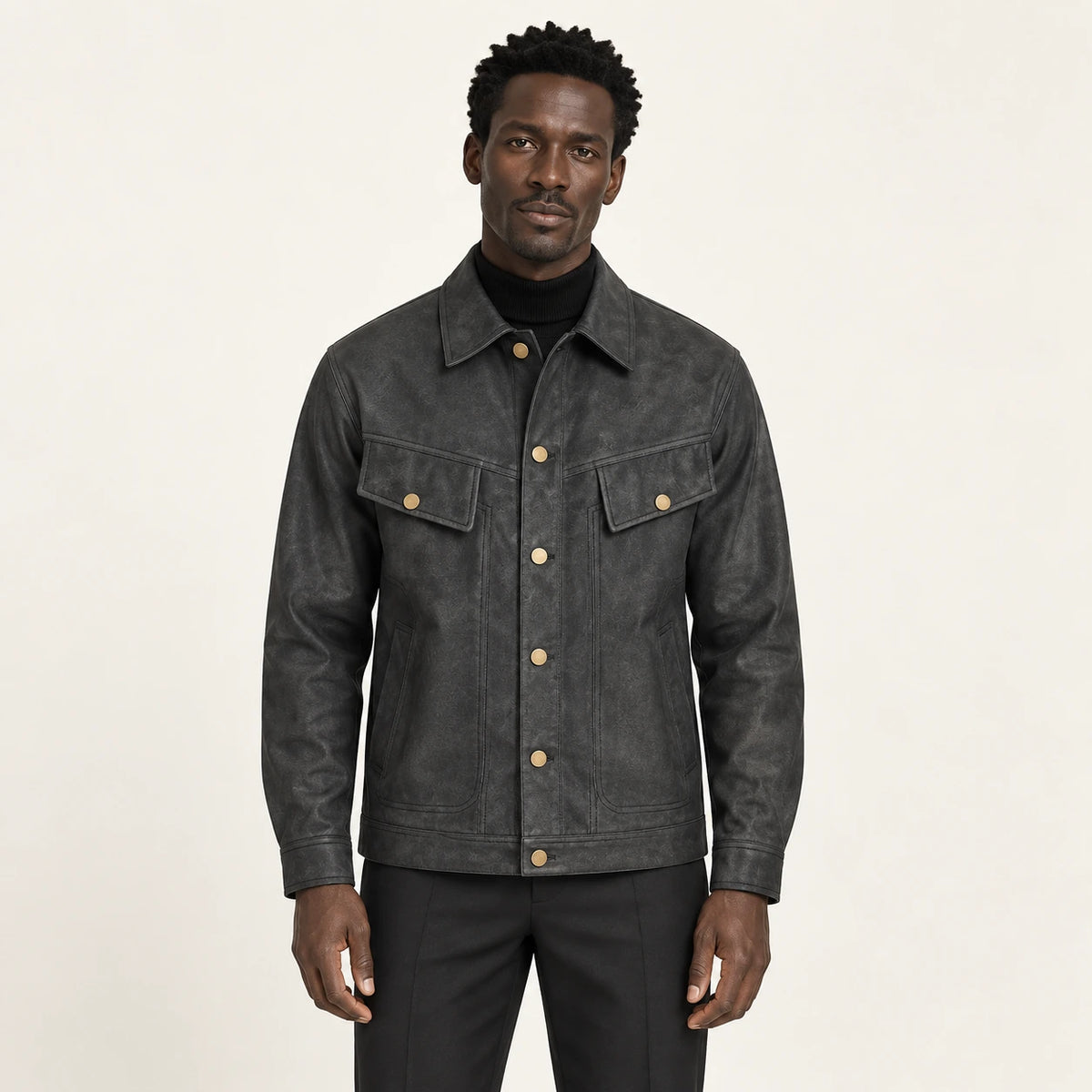 Veste en cuir Noir, vue face dans le studio IVAREE