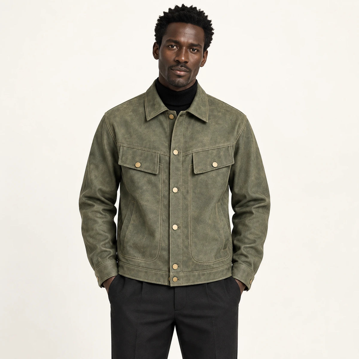 Veste en cuir Vert kaki, vue face dans le studio IVAREE