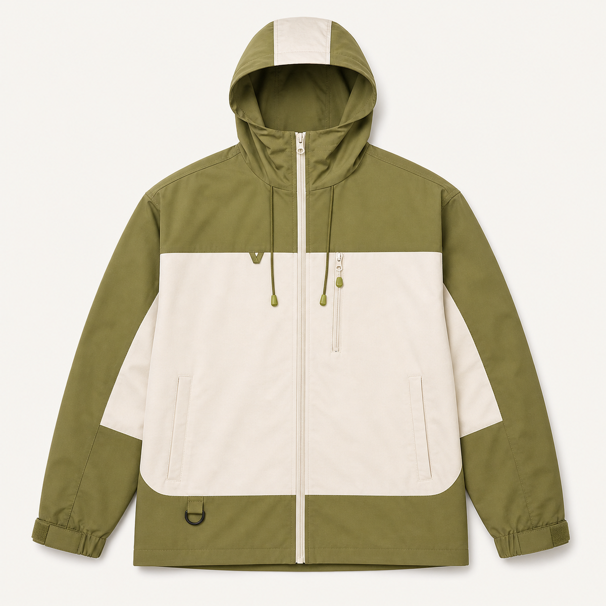 Veste JK600 kaki et écru à capuche, vue de face, zip intégral et poche poitrine zippée.