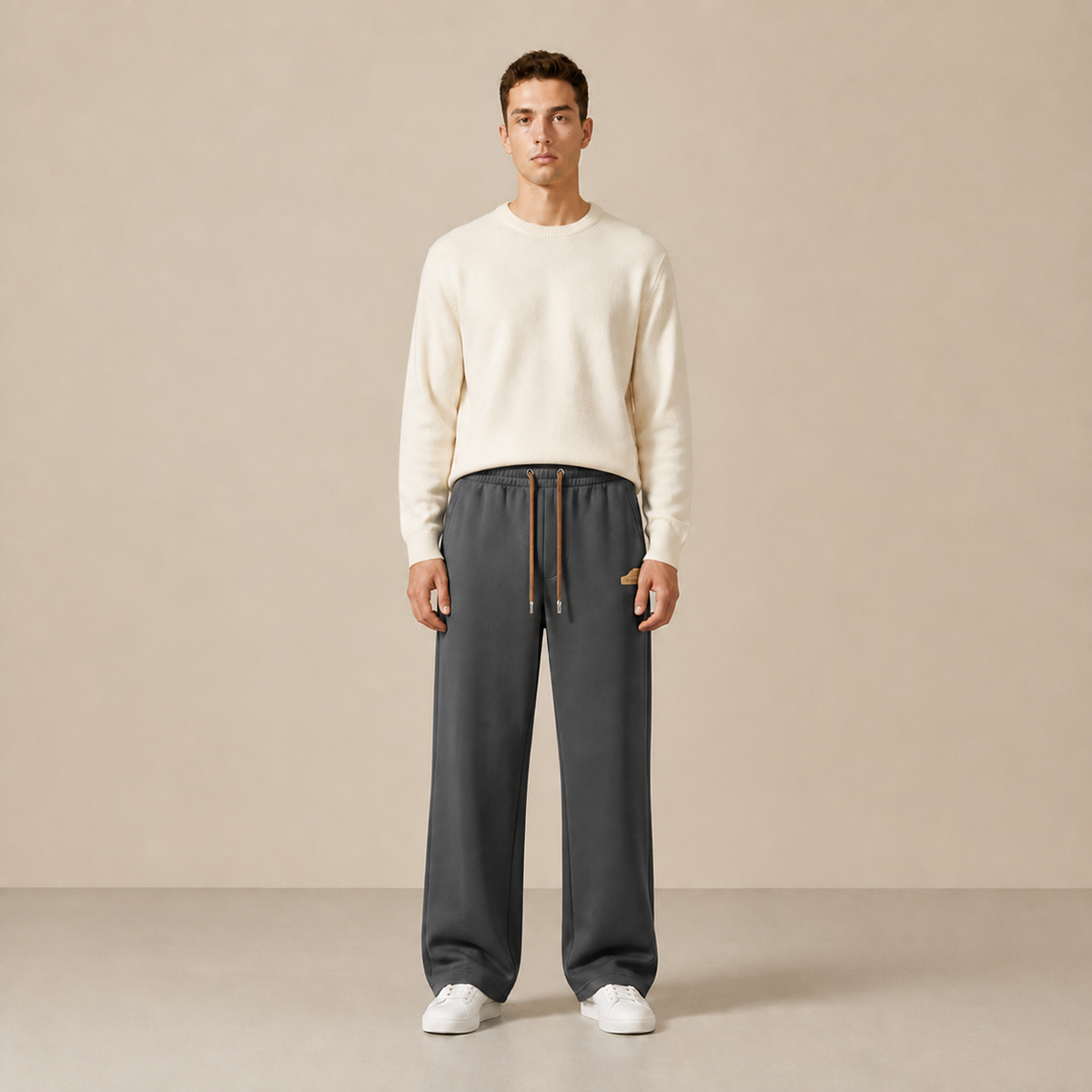 Pantalon à cordon Gris anthracite porté de face