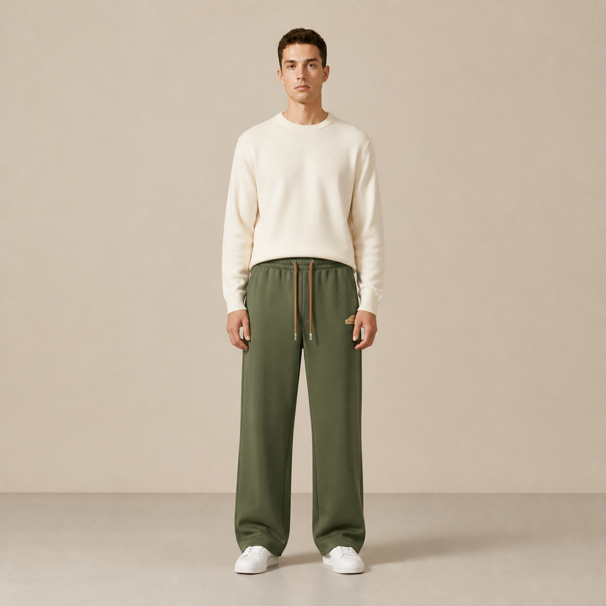 Pantalon à cordon Vert militaire porté de face