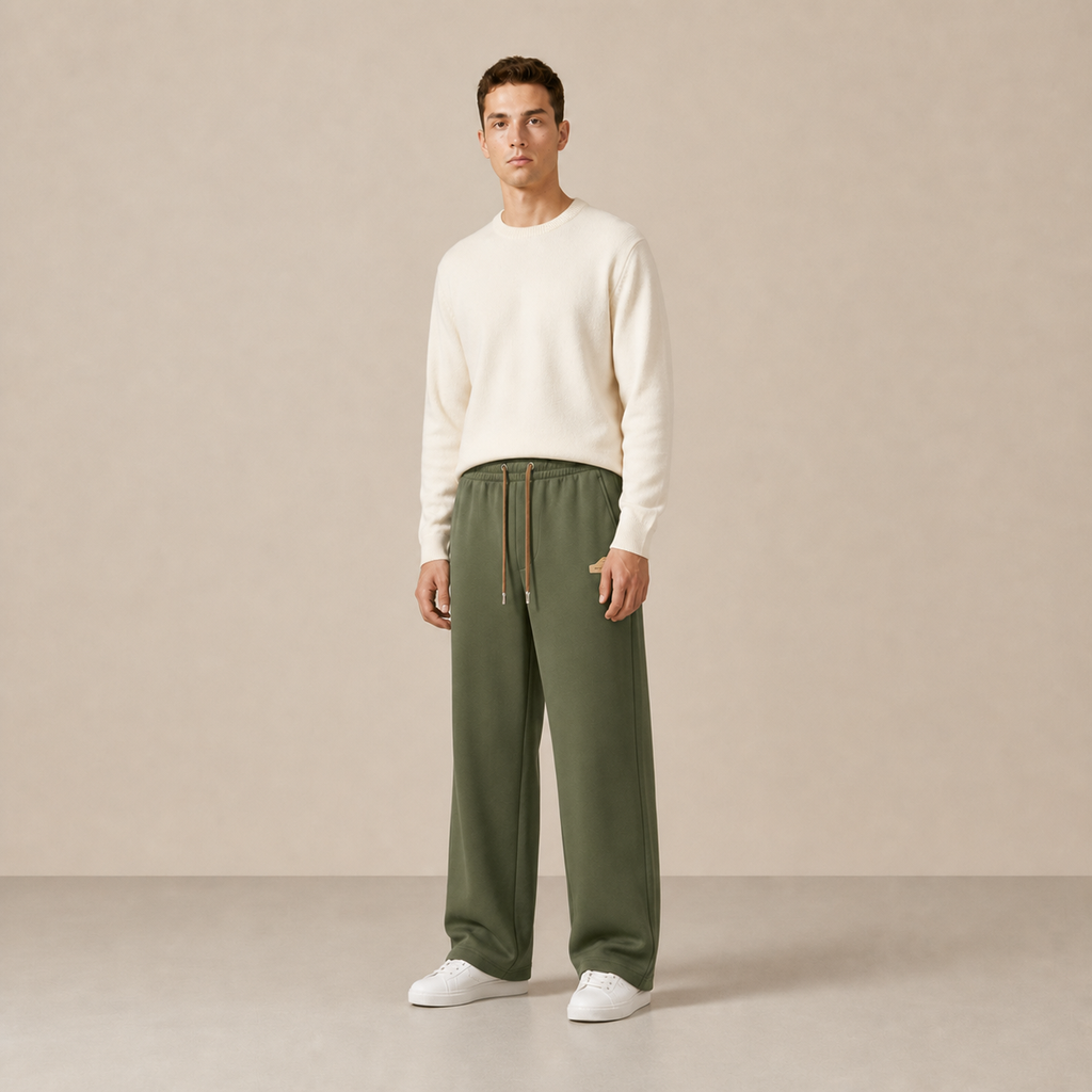Pantalon à cordon Vert militaire porté de trois-quarts