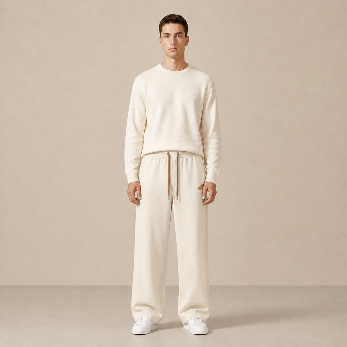 Pantalon à cordon Écru / Abricot porté de face