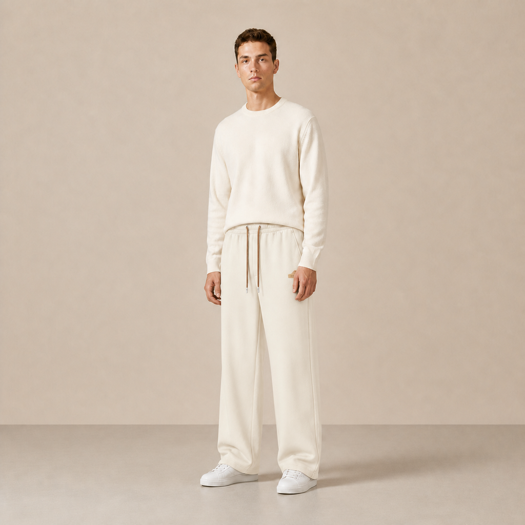 Pantalon à cordon Écru / Abricot porté de trois-quarts