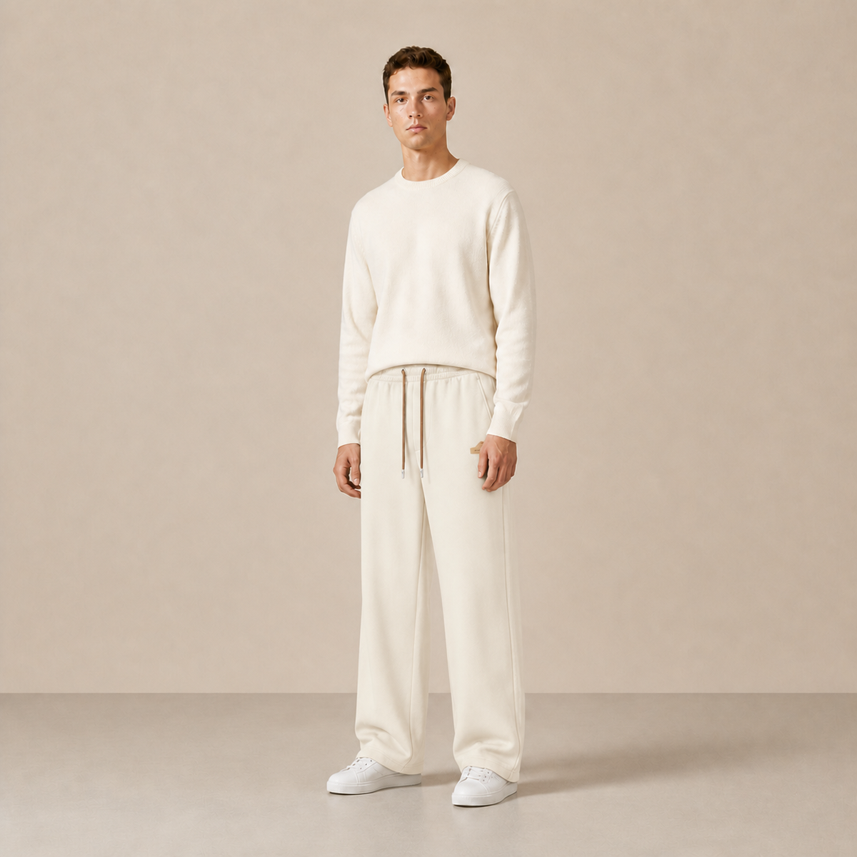 Pantalon à cordon Écru / Abricot porté de trois-quarts