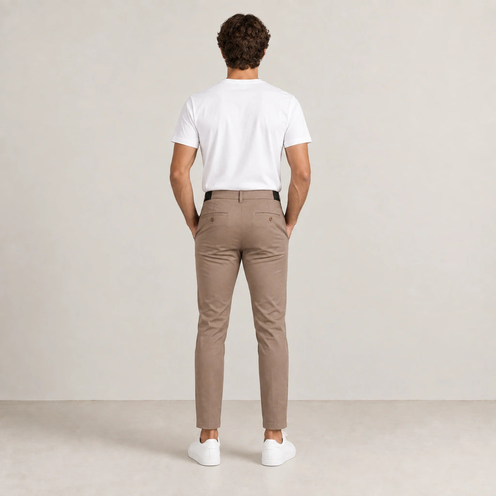 Pantalon marron clair, dos dans le studio IVAREE