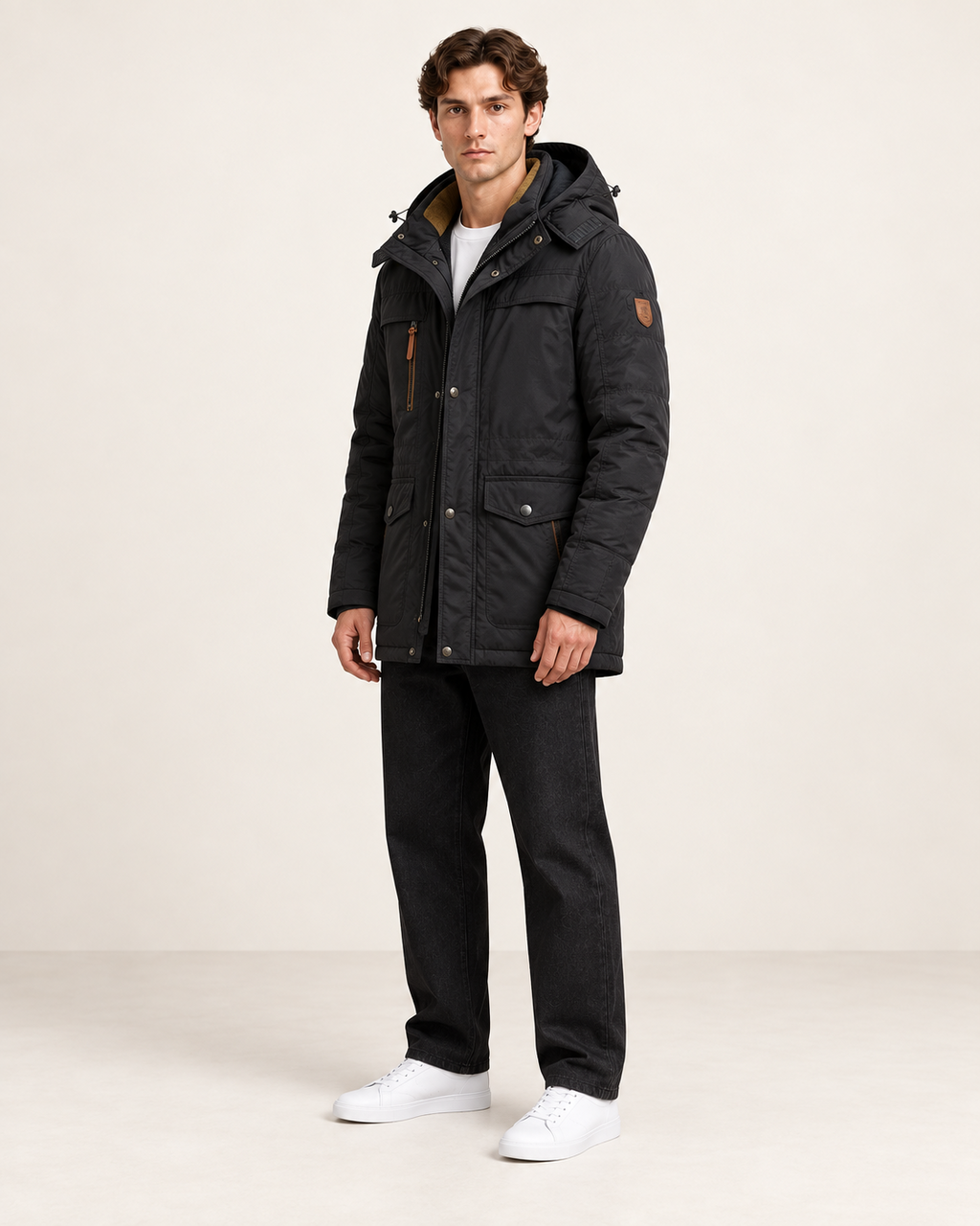 Veste matelassée à capuche amovible Noir, vue trois-quarts, dans le studio IVAREE.
