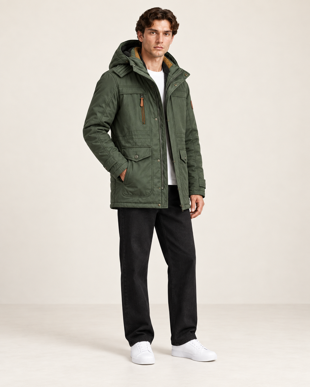 Veste matelassée à capuche amovible Vert foncé, vue trois-quarts, dans le studio IVAREE.