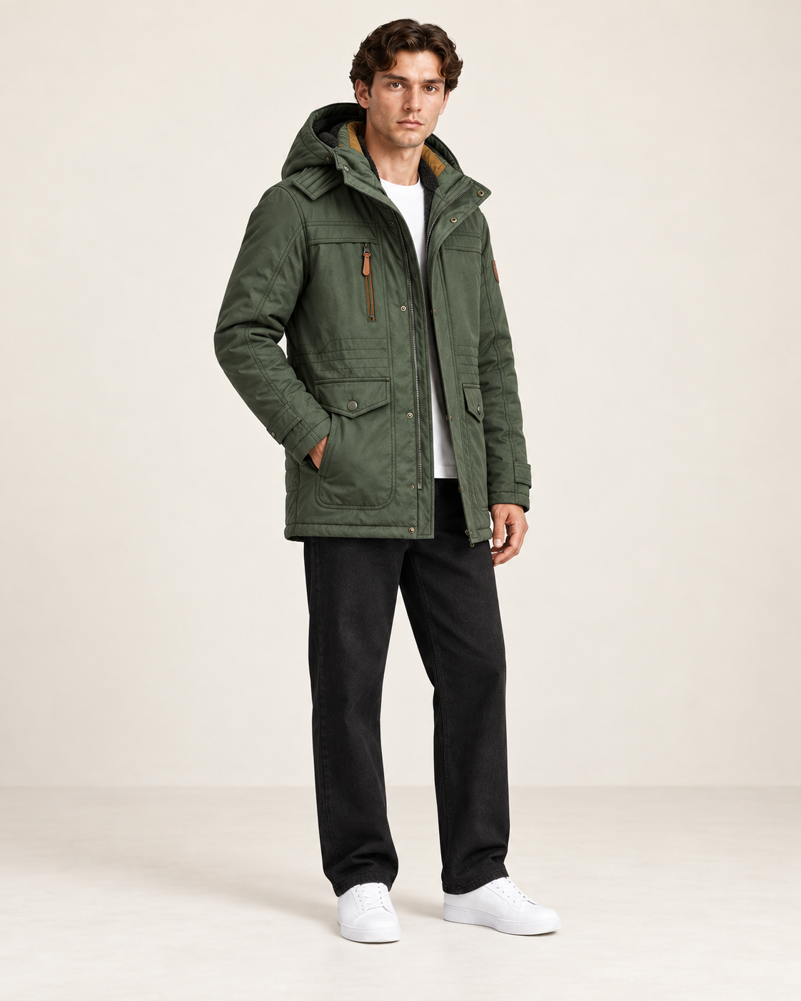 Veste matelassée à capuche amovible Vert foncé, vue trois-quarts, dans le studio IVAREE.