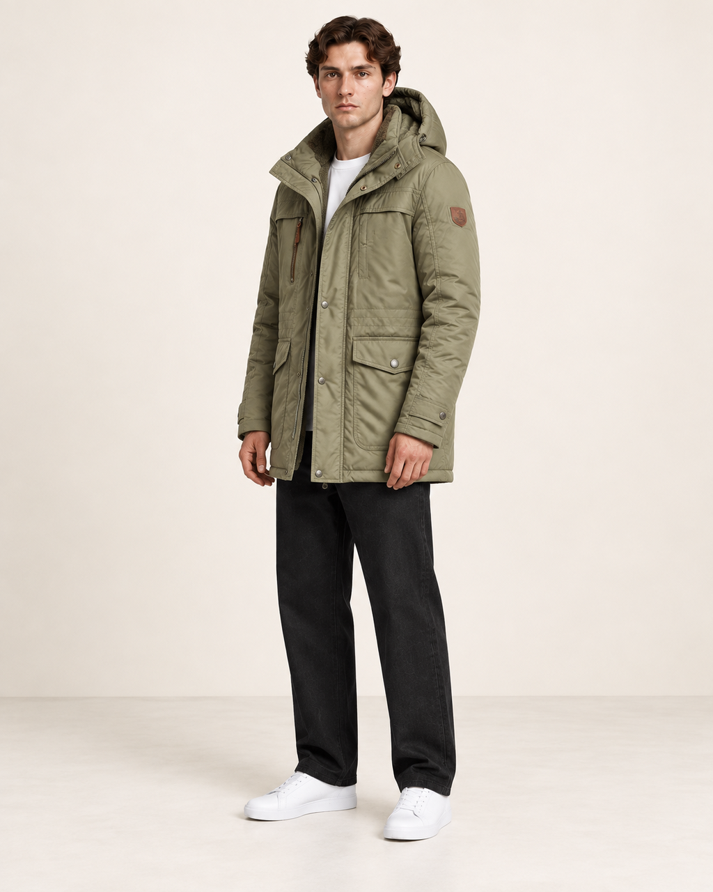 Veste matelassée à capuche amovible Vert, vue trois-quarts, dans le studio IVAREE.