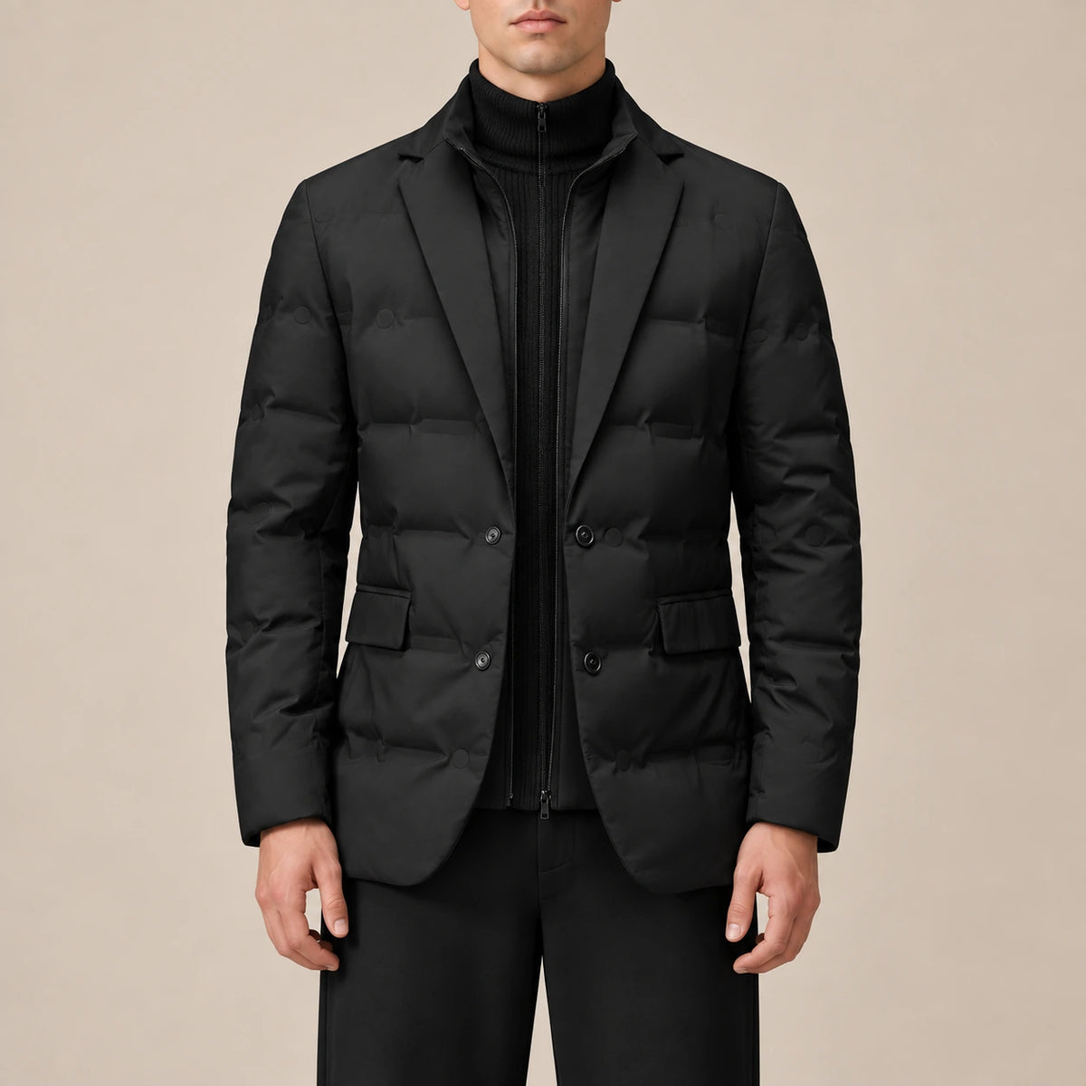 Détail de la parka doublée noire matelassée, revers, fermeture zippée et poches visibles.